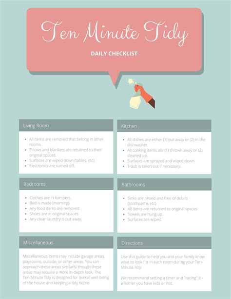 Ten Minute Tidy Daily Checklist - Etsy