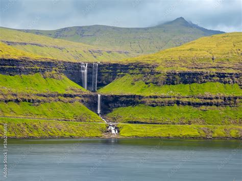 View of the Fossurin í Fossá, one of the highest waterfalls in the Faroe Islands, Streymoy ...