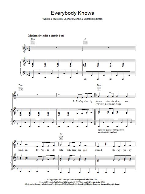 Everybody Knows by Leonard Cohen Sheet Music for Piano, Vocal & Guitar ...