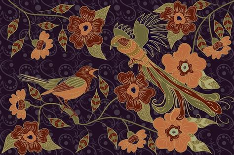 Premium Vector | Asian traditional batik with floral and bird motifs. batik for textile motifs.