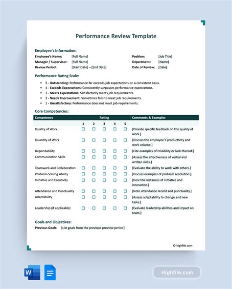 Performance Review Template - Word | Google Docs - Highfile