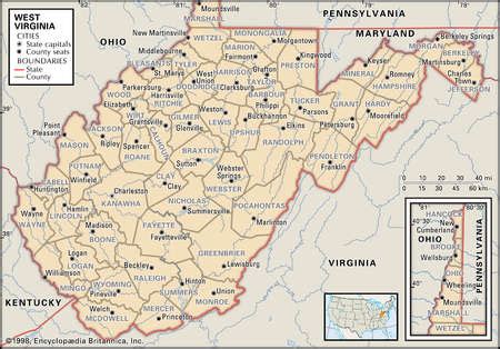 Stock Illustration - Map of the state of West Virginia showing counties and county seats