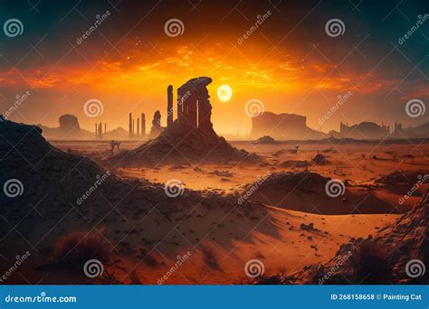 Arid Desert Landscape in Sunset, Creative Digital Illustration Painting ...