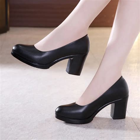 Plus Size 32 43 Round Block Heels Pumps Women Shoes 2019 Spring Shallow Med Heel Black Formal ...