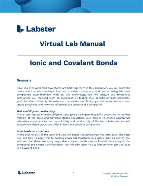 Lab Manual Ionic and Covalent Bonds - Virtual Lab Manual Ionic and ...