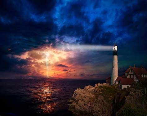 Lighthouse Beam Duskscape With Electrical Storm On The Horizon L B ...