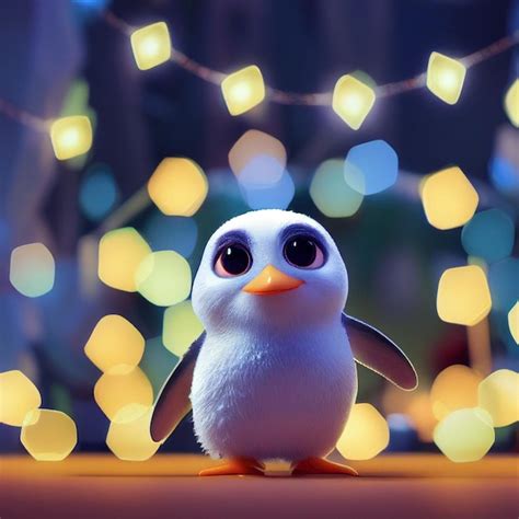 Premium Photo | Cute baby penguin with big eyes and christmas lights 3d ...