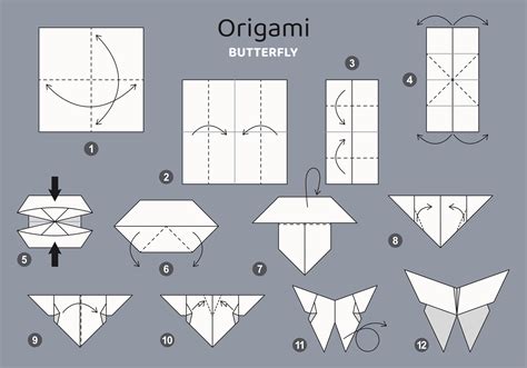 Butterfly origami scheme tutorial moving model on grey backdrop. Origami for kids. Step by step ...