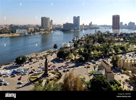 Egypt, Cairo, Zamalek district, Gezira island, overview with Nile river ...