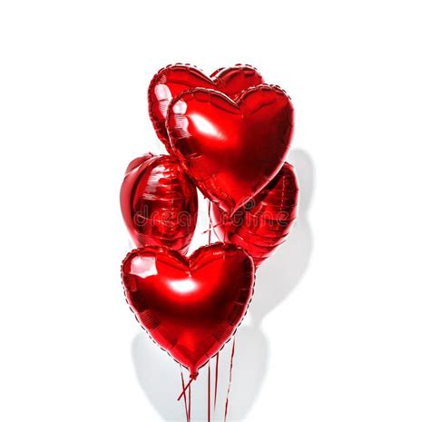 Valentine`s Day. Air Balloons. Bunch Of Red Heart Shaped Foil Balloons Isolated On White Stock ...