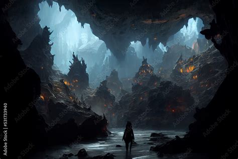 Dark amber caves concept art illustration, dungeons and dragons fantasy cave, dark and spooky ...