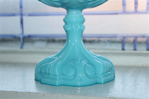 Vintage Blue Opaline Glass Compote Portieux Vallerysthal Roulette