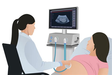 Pregnant woman on ultrasound. Examining a doctor and monitoring the health of a patient using an ...