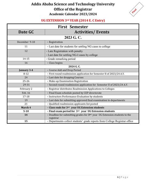 Academic Calendar – AASTU Registrar