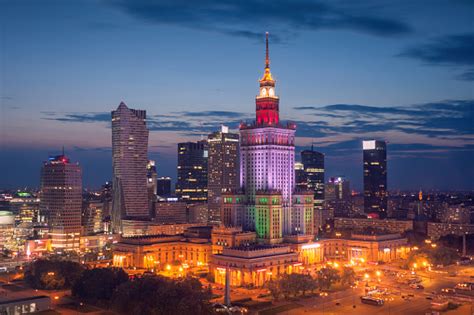 Warsaw Skyline At Night Stock Photo - Download Image Now - iStock