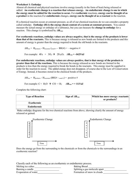 enthalpy worksheet