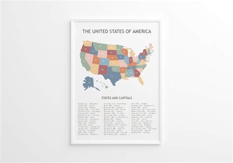 United States Map Print, US Map Capitals Wall Art, US Map Poster, USA ...