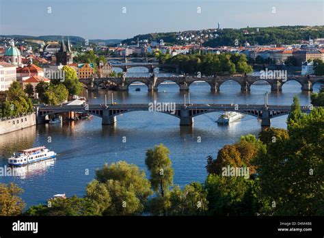 View of Prague and bridges over river Vltava (Moldau) Czech Republic. Famous Charles Bridge is ...