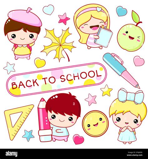 Back to school. Vector set of education icons in kawaii style. Stickers ...