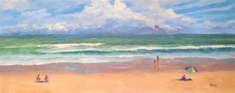 Carmen Beecher: Beach Scene, 20x7.5 Oil Painting Seascape on Panel, Framed