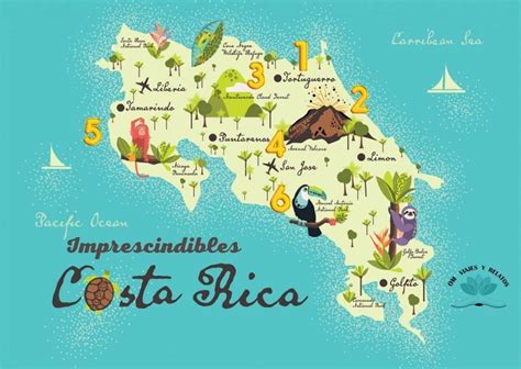 Los 6 mejores lugares que visitar en Costa Rica imprescindibles. | Mapas ilustrados, Mapa ...