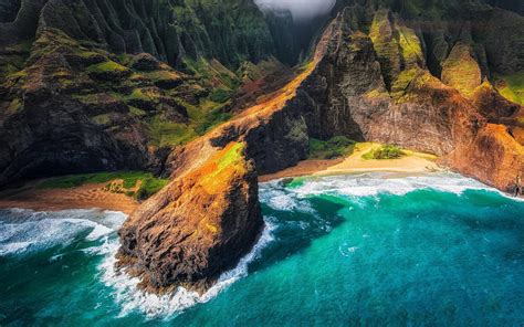 2500x2143 / mountain kauai beach cliff sea sand shrubs aerial view coast clouds nature landscape ...