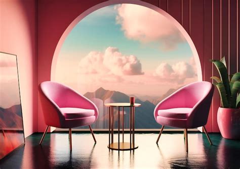 Premium Photo | Two small pink chairs placed in a room with clouds