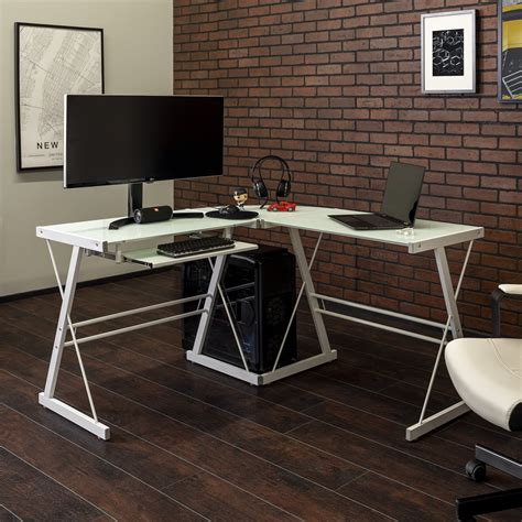 Modern Glass and Metal White L-Shaped Corner Computer Desk by Manor ...