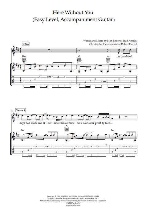 Here Without You (Easy Level, Accompaniment Guitar) (3 Doors Down) - Guitar Tabs and Sheet Music