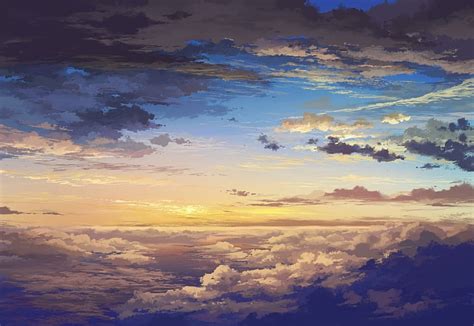 HD wallpaper: sky, clouds, sunset, sunrise, painting, anime, cloud ...