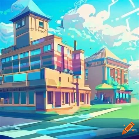 Vibrant illustration of a bustling anime school on Craiyon