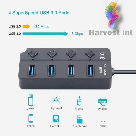 4 Ports Usb 3.0 Hub Led Usb Hub With Switch Super Speed 5Gbps - Usb Hub