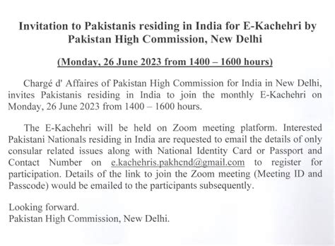 Invitation to Pakistanis residing in India for E-kachehri by Pakistan High Commission, New Delhi ...