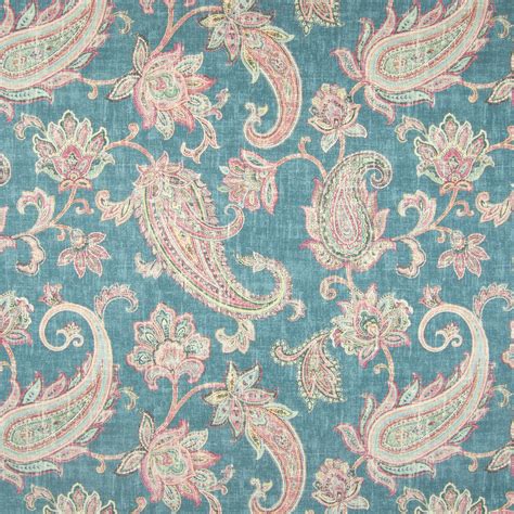 Turquoise Teal and Blue Floral Cotton Upholstery Fabric