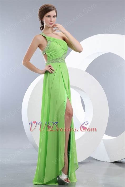 Right One Shoulder Apple Green Evening Dress With Split