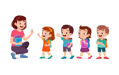 Premium Vector | Little kids say good morning to teacher