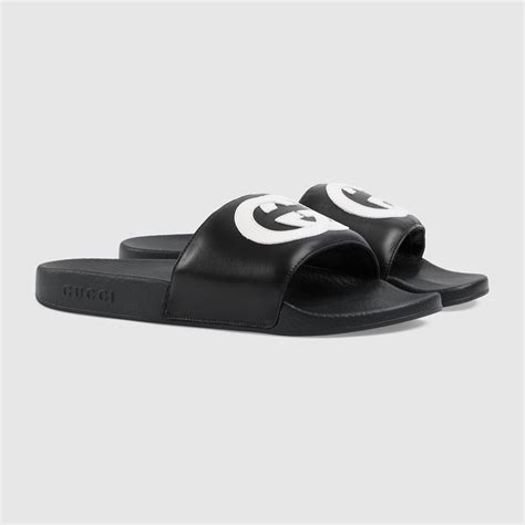 Men's Slide With Interlocking G In Black Leather | GUCCI® US