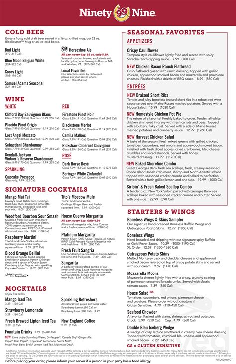 99 Restaurant menu in Bangor, Maine, USA