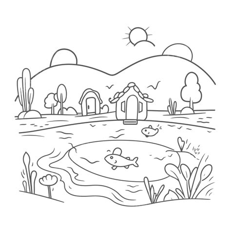 An Illustration Of An Illustration Of A Lake Coloring Page Outline Sketch Drawing Vector, Lake ...