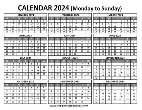 Free Printable 2024 Calendar