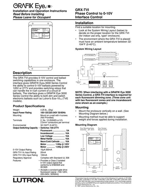 LUTRON ELECTRONICS GRAFIK EYE GRX-TVI INSTALLATION AND OPERATING ...