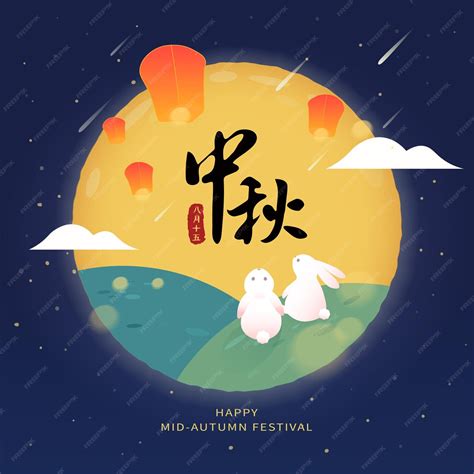 Premium Vector | Mid autumn festival and rabbits watching the full moon and flying lanterns of ...