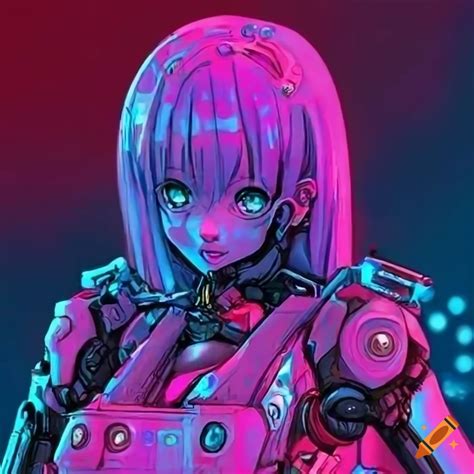 Purple cyberpunk robot gazing at neon blue bloom on Craiyon