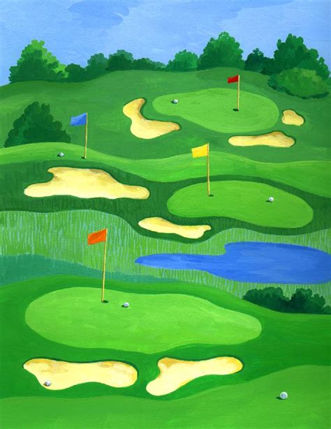 a painting of a green golf course with yellow flags and water on the ...