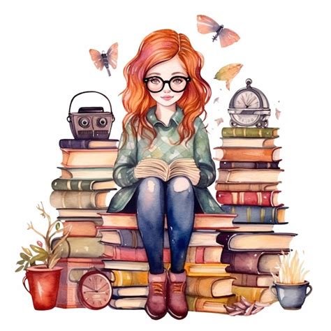 Premium AI Image | A watercolor illustration of a girl reading a book.