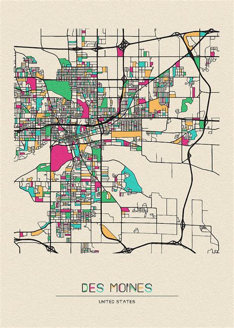 Des Moines, Iowa City Map Drawing by Inspirowl Design - Pixels