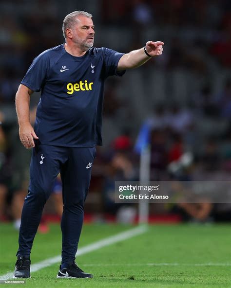 Ange Postecoglou, head coach of Tottenham Hotspur reacts during the ...