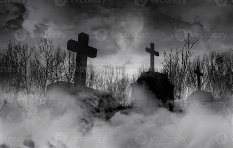 Halloween day concept. Cemetery or graveyard in the night with dark sky. Haunted cemetery ...