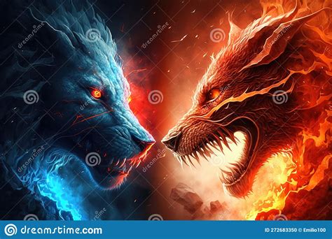 Lion Versus Wolf in Blue and Red Flames, Fantasy, Generative AI Stock ...