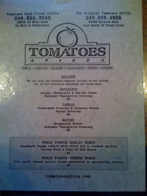 Tomatoes Apizza Menu, Menu for Tomatoes Apizza, Farmington Hills ...